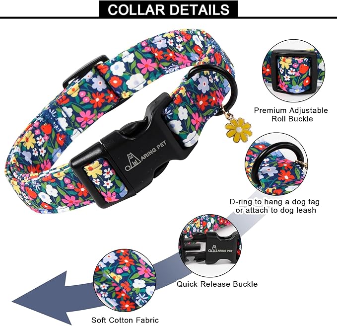 ARING PET Girl Dog Collar, Cute Spring Summer Floral Puppy Pet Collars for Small Medium Large Dogs-L