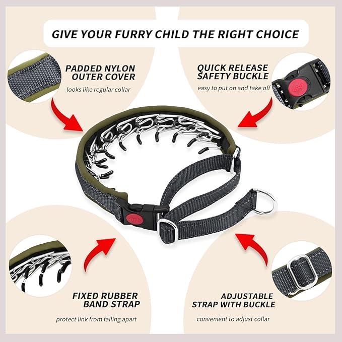 Martingale No Pull Dog Collar for Large Medium Small Dogs, Heavy Duty Nylon Reflective Adjustable Anti Pull Slip Collar with Buckle for Training Walking L Black Army Green