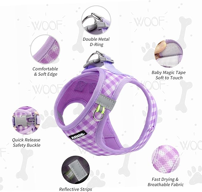 AIITLE Plaid Print Dog Harness Set – Lightweight, Reflective & Adjustable Vest Harness for Puppies – Perfect for Boston Terriers, Maltese & Indoor/Outdoor Use (XS, Purple)