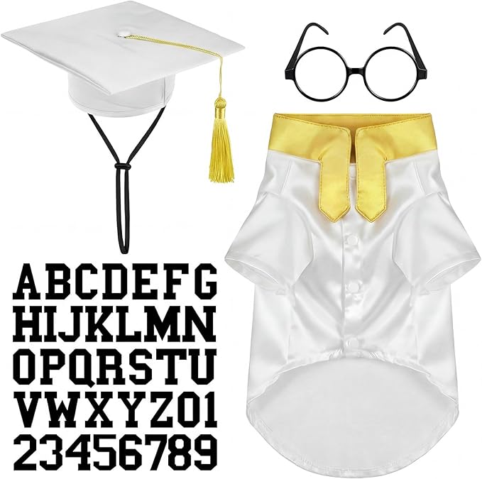 5 Pcs Dog Graduation Costume Set Include 2026 Pet Graduation Gown with Stole Puppy Grad Cap Lensless Glasses DIY Letter Stickers for Dogs Cats Holiday Costume Accessory(White Gold,L)