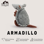 Hollypet Plush Dog Squeaky Toy Stuffed Armadillo Animal Pet Puppy Chew Toys with Clean Teeth for Small Medium Large All Breed Sizes Dogs, Black and White,8 in