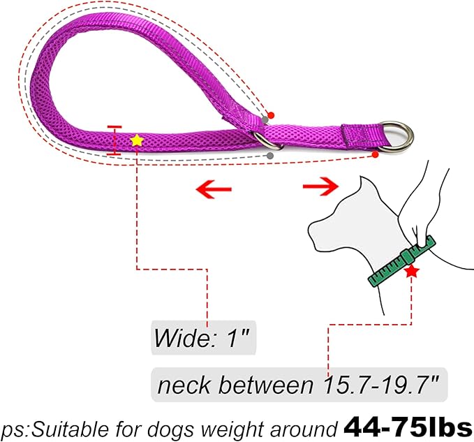 Reflective Slip Dog Collar, Loop Dog Collar for 44-75 lbs Dogs Nylon Collars with Soft Padded for Pet Training in Purple 22", Wide 1"