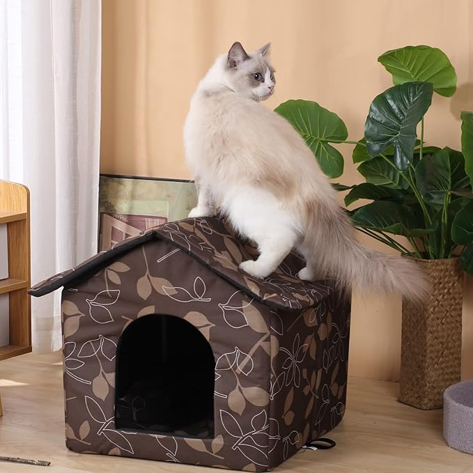 Outdoor Cat House Cat House for Outdoor and Indoor Use - Waterproof Shelter for Cats, Dogs, and Feral Animals (Brown, Large)