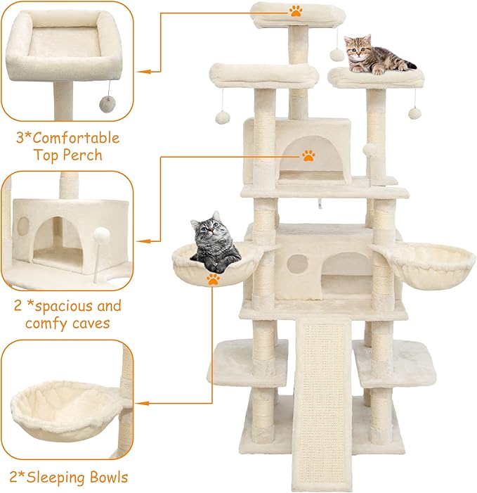 Go Pet Club 68 Inches Multi-Level Big Cat Tree, Tower with Sisal Scratching Posts, Hanging Basket & Comfortable Perches for Large Cats