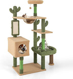 Tangkula Cactus Cat Tree, 59 Inch Tall Cat Tower with Sisal Scratching Posts, Cat Condo, Perch, Space Capsule, Large Bed, Self Groomer, Rope, Ball, Green Cute Cat Tree Tower for Indoor Cats