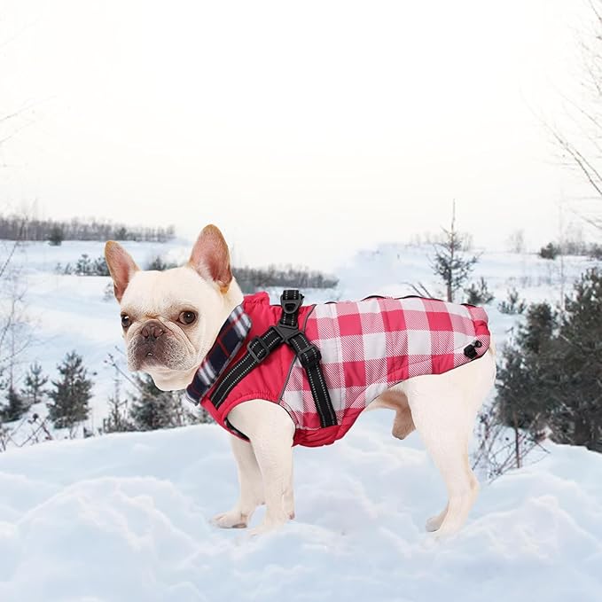 Dog Coat with Harness,Small Dog Winter Coat,Doggie Jackets with Built in Harness,Adjustable Warm Jacket for Medium Large Dogs,Pet Puppy Cold Weather Coats for Dogs Waterproof (PlaidPink, XX-Large)