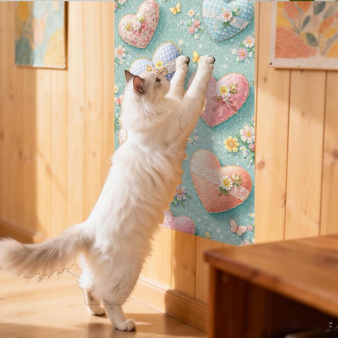 Nuxovilar Cat Scratching Mat 15.3x23.6 Inches Polyester Synthetic Fiber, Floral Hearts & Butterflies Print, wall cat Scratcher, Scratch pad, Home Decor, Bedroom, Living Room (2pcs)