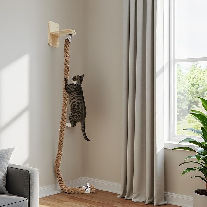 Weysat Cat Tree with 2 x 59.1 Inch Climbing Rope Wall Mounted Cat Climbing Tower Toy with Scratching Post Kitten Rope Ladder with Jumping Platform Wall Steps for Playing and Rest(Wood,Classic)