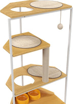 KIROJA Corner Cat Tower 58.4 Inches Tall Cat Tree with Scratching Post, Cat House Pet Furniture with Feeding Station and Climbing Platforms for Indoor Cats, White + Light Oak