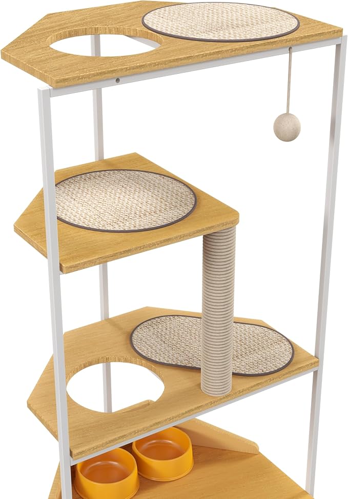 KIROJA Corner Cat Tower 58.4 Inches Tall Cat Tree with Scratching Post, Cat House Pet Furniture with Feeding Station and Climbing Platforms for Indoor Cats, White + Light Oak