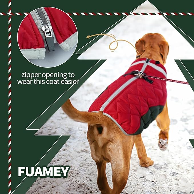 FUAMEY Dog Coat for Small Dogs,Waterproof Dog Winter Jacket with Harness Built in Puppy Cold Weather Coats Reflective Pet Vest with Zipper Warm Fleece Dogs Snowsuit Windproof S