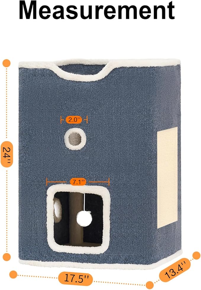 Cat House, Cat Beds for Indoor Cats, 2-Story Cat Condo Cube with Scratch Pad and Fluffy Ball Hanging, Multi-Level Cozy Hideout Center Ideal for Small/Medium Cats