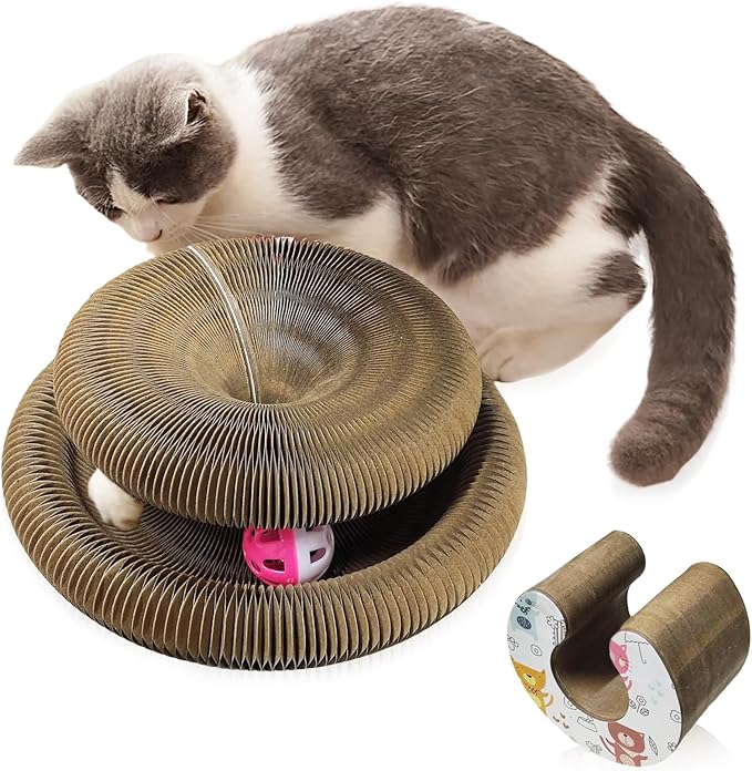 Magic Organ 2PC Cat Scratch Board, Cat Toy with Bell, Foldable Magnetic Corrugated Paper Circular