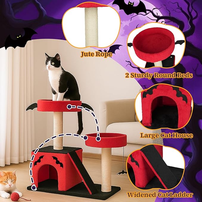 Outvita Halloween Cat Tree, 26" Cat Tower with Spacious Cat Condo, Gothic Scratching Posts with 2 Padded Perches, Large Platform, Cat Activities Furniture, Red & Black