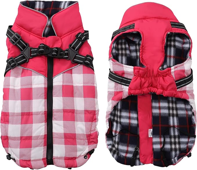 Dog Coat with Harness,Small Dog Winter Coat,Doggie Jackets with Built in Harness,Adjustable Warm Jacket for Medium Large Dogs,Pet Puppy Cold Weather Coats for Dogs Waterproof (PlaidPink, Small)