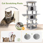 Globlazer Corner Cat Tree for Large Cats, 66inch Tall Curved Series Large Cat Tower for Multiple Indoor Cats with 6 Scratching Posts, 2 Spacious Cat Condos, Hammock, Hanging Basket, C66, Light Grey
