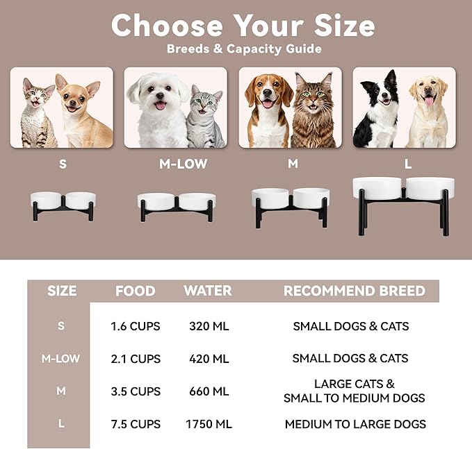 Dog Bowls Elevated - Ceramic Raised Dog Bowl with Non Slip Steel Stainless Stand - No Spill and Heated Feeding Station - Food and Water Dish Set for Medium to Large Pet - Each Holds 7.5 Cups – Grey