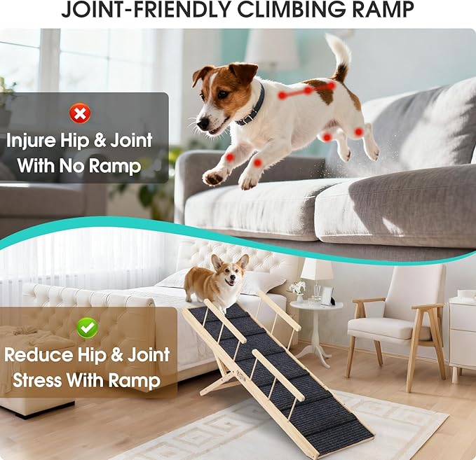 In hand Dog Ramp for High Bed with Safety Rails, Adjustable Foldable Pet Steps Ramp with Anti-Slip Pad, Assist Senior Arthritic, Injured, Small to Large Dogs to Climb Couch Bed Stairs Easily