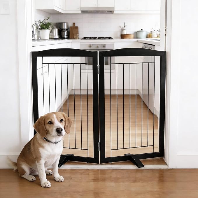 Dog Fence Indoor,Dog Gate Indoor for Doorway pet gate -2-Panel Freestanding, Hallways, House or Stairs -40x32-Inch Retractable Foldable Expandable Wood Pet by SFJC (Black) ﻿