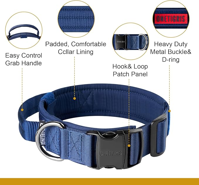 OneTigris Tough Dog Collars, Tactical Dog Collar with Handle, Milltary Adjustable Dog Collar with Heavy Duty Metal Buckle for Training (Medium,Blue)