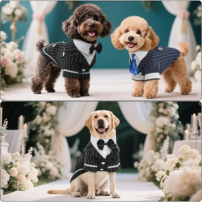 DENTRUN Dog Tuxedo Suit with Bow Tie - Formal Black & White Striped Pet Costume Shirt, Elegant Wedding Outfit Birthday Party Attire for Golden Retriever Husky Border Collie Large Dogs, XXL