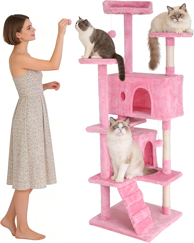 BLKMTY Cat Tree 70" Tall Cats Tower Large Cat Condo Climber Cats Climbing Stand with Top Perches Playhouse and Climbing Ladder Kitty Activity Tree w/Scratching Post Toys, Pink