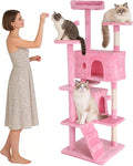 BLKMTY Cat Tree 70" Tall Cats Tower Large Cat Condo Climber Cats Climbing Stand with Top Perches Playhouse and Climbing Ladder Kitty Activity Tree w/Scratching Post Toys, Pink