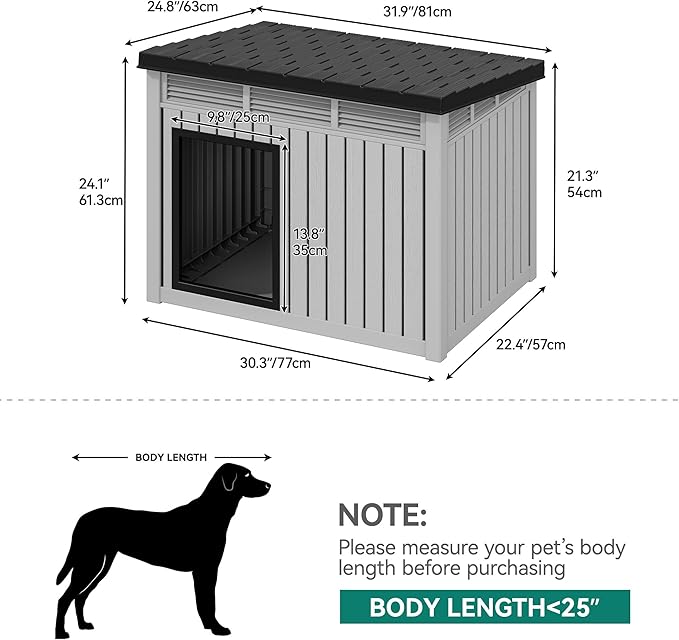 YITAHOME Plastic Dog House, Indoor & Outdoor Dog Kennel with Lift-Up Sloping Roof, Waterproof & Ventilated for Small to Medium Dogs, Easy to Clean Design, Gray