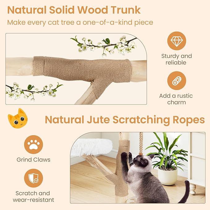 Tangkula Solid Wood Cat Tree, 48.5” Natural Branch Modern Cat Tower with Luxury Hanging Cradle, Jute Scratching Post, Top Perch, Padded Platform, Soft Long Plush, Boho Cat Tree for Indoor Kittens