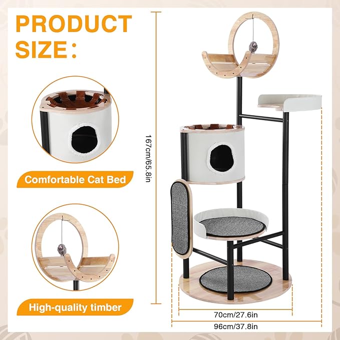 66-Inch Tall Cat Tree with Scratching Post Wooden Cat Tower with Dangling Ball Platform Hammock for Indoor Cats Large Adult