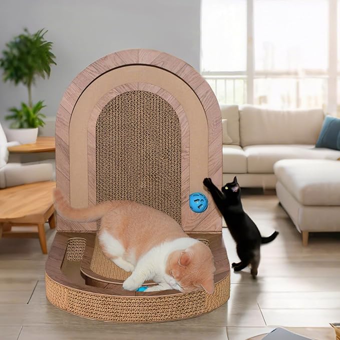 Cat Scratcher, 26 Inch Cat Scratching Post, Foldable L Shape Cat Scratch Pad with Ball Toy, Interactive Cat Toys for Indoor Cats