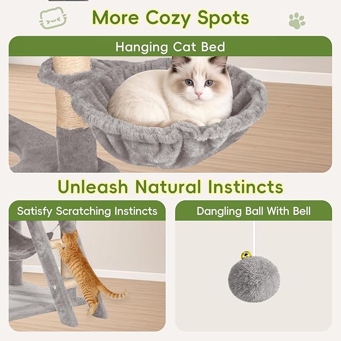 Cat Tree 60.63 inches Cat Tower for Indoor Cats, Multi-Level Cat Condo Furniture with Scratching Posts, Plush Perches, Activity Center with Cozy Basket & Hammock for Cats (Light Gray)