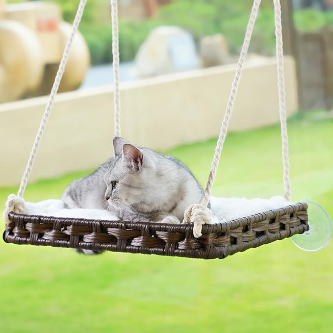 Cat Window Perch, Cat Window Hammock Bed for Indoor Cats, Large Handwoven PE Rattan Window Seat, 4 Suction Cups, Double Sided Washable Cushion Bed, 2.3 Inch Fence Shelf, for Pet Kittens Brown