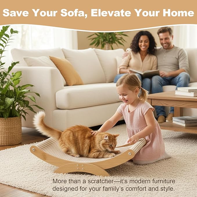 Large Cat Scratcher Bed, Wood Cat Couch & Sisal Scratching Board, Sturdy Cat Hammock & Scratch Pad Lounge for Indoor Cats, Multi-Cat Furniture for Deep Sleep