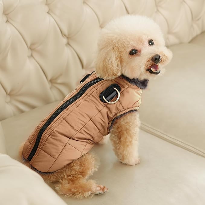 Warm Fleece Dog Coats with Durable Harness Buitl in D-Ring,Waterproof Puppy Jacket for Small Dogs,Dog Vest for Cold Winter,Burnished Khaki S