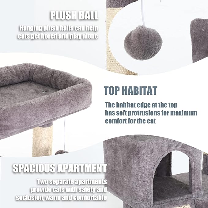 Cat Tree for Indoor Cats, 36in Cat Tower Multi-Level Cat Condo with Sisal Scratching, Scratching Board, Dangling Ball, Extra Large Perch for Cats and Kittens (Ashy)