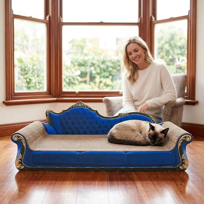 Royal Blue Sofa Shape Cat Scratcher, 19.9” Large 2-in-1 Cat Scratcher Lounge Bed, Sturdy Cardboard Scratching Board for Indoor Cats