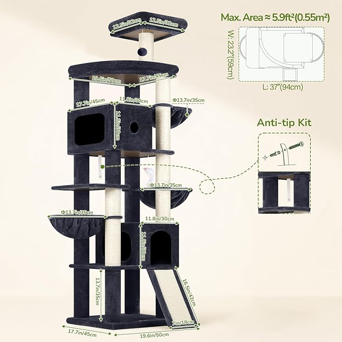Globlazer Heavy Duty Cat Tree, 83 Inch Giant Cat Tower with 7 Scratching Posts, Multi-Level Large Cat Condo for Indoor Cats Large Adult, 2 Perchs, 3 Sturdy Hanging Baskets, Cat Toys, F83C, Dark Grey