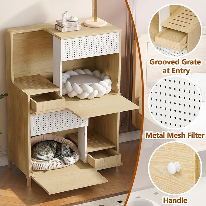 2-in-1 Modern Cat Tree Tower for Large Cats,Wooden Cat Tower with Litter Box Enclosure and Bookshelf/Storage Cabinet/Hidden Bed for Living Room Or Bedroom (Natural, 31.4")