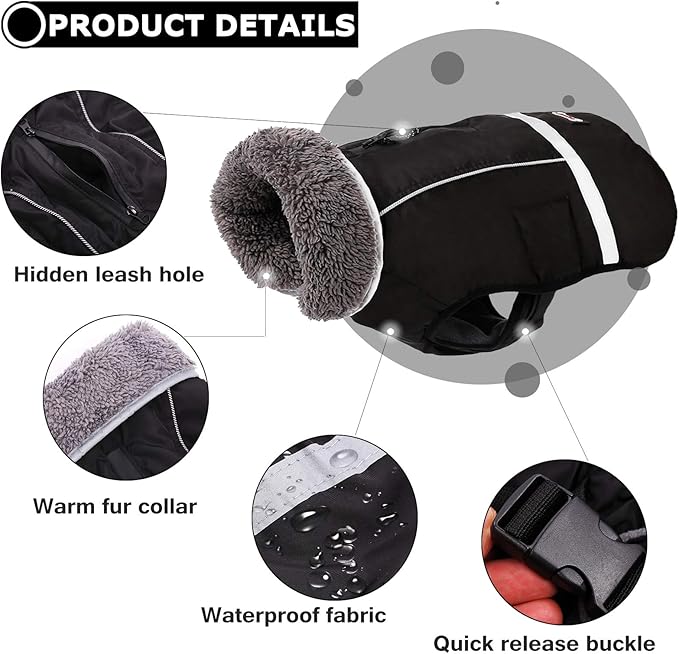 Warm Dog Coat, Reflective Waterproof Windproof Dog Jacket with Turtleneck for Cold Weather, Thick Fleece Lining, Pet Outfit, Adjustable Pet Vest for All Dog Sizes, Black