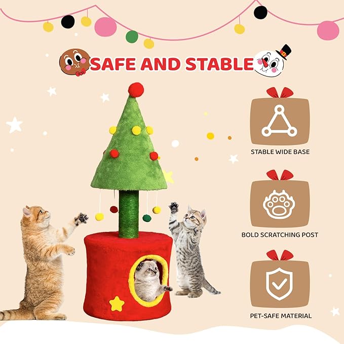 VINGLI 30IN Christmas Cat Scratching Post with Cat House, Small Cat Tree Tower for Indoor Kitten, Sisal Covered Post with Hanging Plush Balls, Red & Green Holiday Cat Furniture
