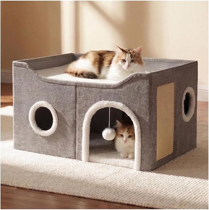 Eolahalcy Cat Beds for Indoor Cats - Large Cat Cave for Pet Cat House with Fluffy Ball Hanging and Scratch Pad, Foldable Cat Hideaway, 23.8x15.9x13.2 inches, Grey