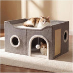 Eolahalcy Cat Beds for Indoor Cats - Large Cat Cave for Pet Cat House with Fluffy Ball Hanging and Scratch Pad, Foldable Cat Hideaway, 23.8x15.9x13.2 inches, Grey