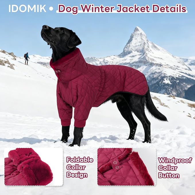 IDOMIK Dog Winter Coat for Large Dogs, Warm Dog Winter Jacket with Fleece High Collar, Zippered Cold Weather Coats for Dogs, Waterproof Doggy Snow Jacket Clothes,WineRed,3XL