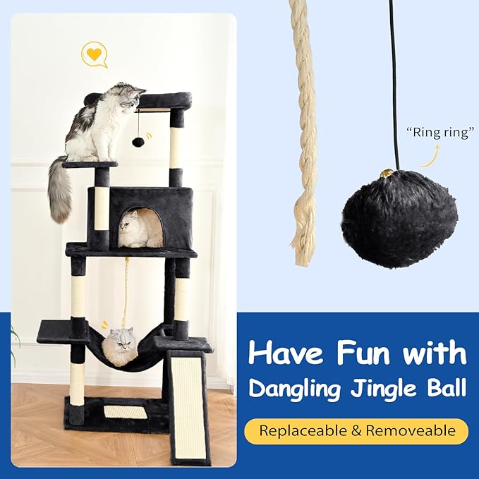 Cat Craft Cat Tree 63 Inch Cat Tower for Indoor Cats, Multi-Level Cat Tree for Large Cats 20 lbs+ Heavy Duty Cat Tower with Sisal Scratching Posts, Hammock, Condo and Extended Platform, Black