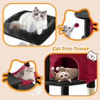 Sweetcrispy 44 Inch Cat Tree Tower, Cat Climbing Tower with Natural Sisal Scratching Posts, Hammock, Pet Condo for Indoor Cats and Kittens Play, Black and Red