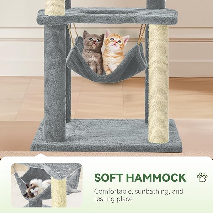 61" Large Cat Tree Tower for Indoor Cats with DIY Green Leaves Scratching Post Multi Soft Hang Ball Plush Cat House Furniture 360° Rotating Cat Scratch Board with Hammock, Square Grey