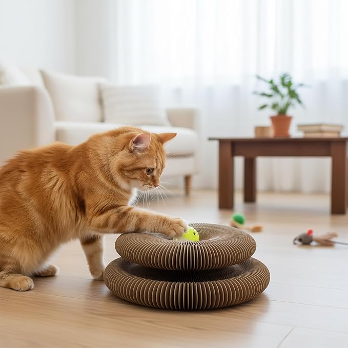 U-Shaped Accordion Cat Scratcher with Interactive Ball - Cute Cartoon Design, Scratch-Resistant, Pet-Safe for Feline Entertainment & Claw Care