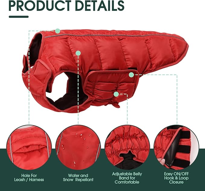 Kuoser Dog Puffer Jacket Warm Dog Coat for Small Medium Dogs, Windproof Reflective Pet Padded Vest Cold Weather Clothes Puppy Snowsuit with Hook & Loop Coats, Easy On/Off, Red M