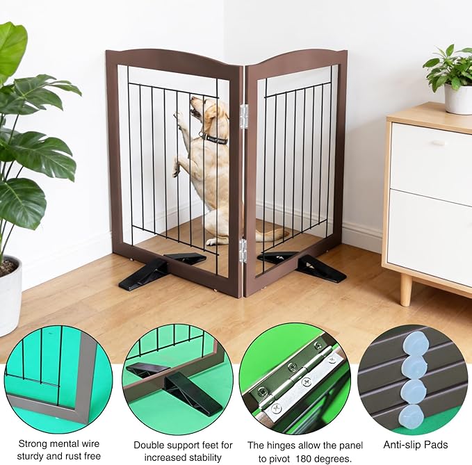 Dog Fence Indoor,Dog Gate Indoor for Doorway pet gate -2-Panel Freestanding, Hallways, House or Stairs -40x24-Inch Retractable Foldable Expandable Wood Pet by SFJC (Brown) ﻿